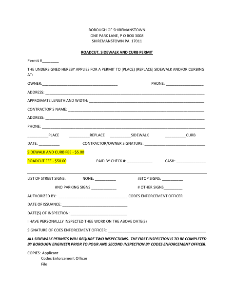 First page of the Roadcut, Sidewalk and Curb Permit