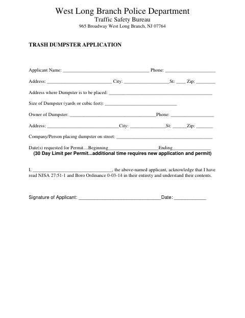 First page of the Trash Dumpster Application