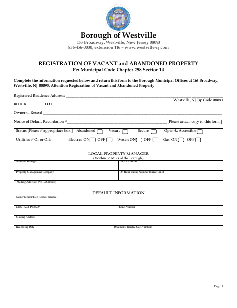 First page of the Registration of Vacant and Abandoned Property