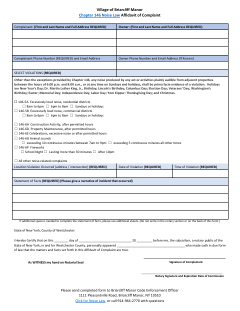First page of the Chapter 146 Noise Affidavit of Complaint