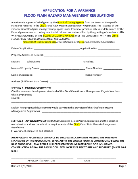First page of the Floodplain Variance Application