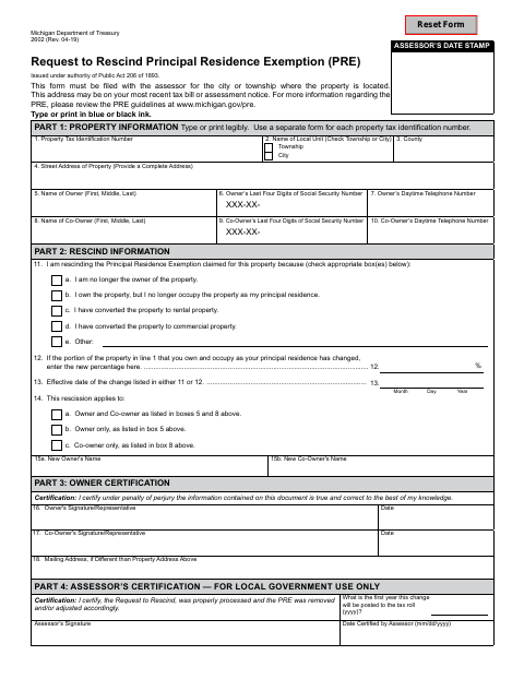 First page of the Request to Rescind Principal Residence Exemption