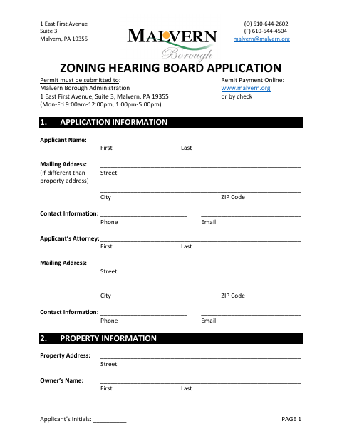 First page of the Zoning Hearing Board Application