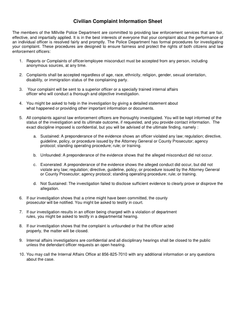 First page of the Internal Affairs Complaint Form English