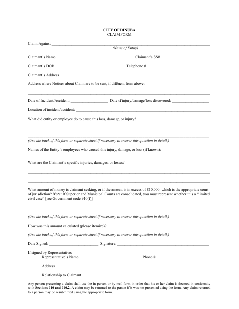 First page of the Claim for Damages Form