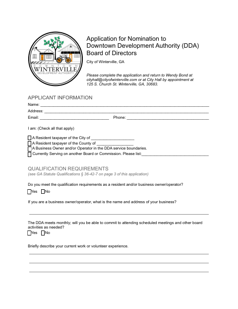 First page of the Application for Nomination to Downtown Development Authority Board of Directors