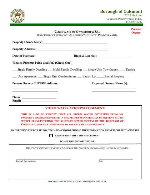 First page of the Certificate of Ownership & Use (Present Owner)