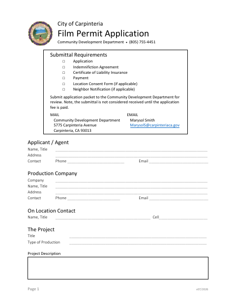 First page of the Film Permit Application