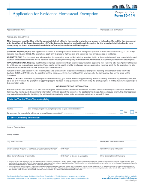 First page of the Application for Residence Homestead Exemption