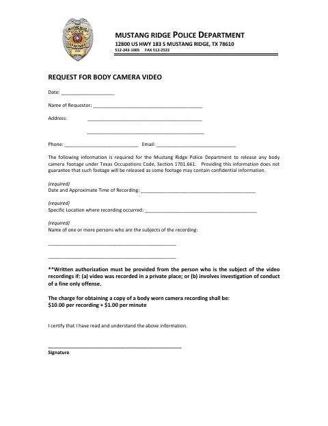 First page of the Request for Body Camera Video