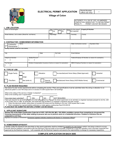 First page of the Electrical Permit Application