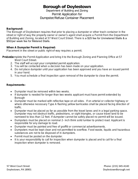 First page of the Permit Application for Dumpster/Refuse Container Placement