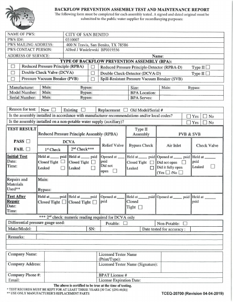 First page of the Backflow Test and Maintenance Report Form
