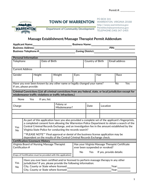 First page of the Massage Establishment/Massage Therapist Permit Addendum