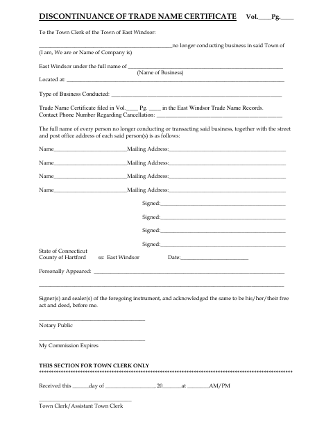 First page of the Discontinuance of Trade Name Certificate