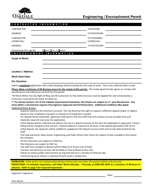 First page of the Engineering / Encroachment Permit