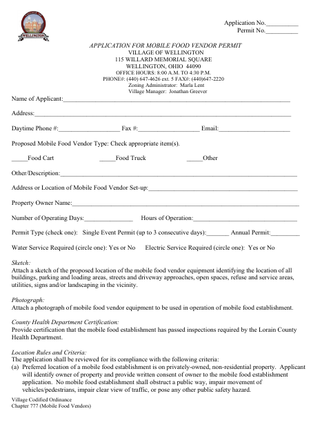 First page of the Application for Mobile Food Vendor Permit
