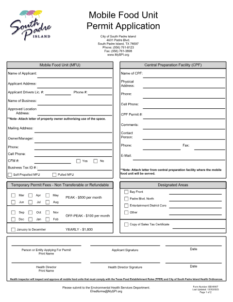 First page of the Mobile Food Unit Permit Application