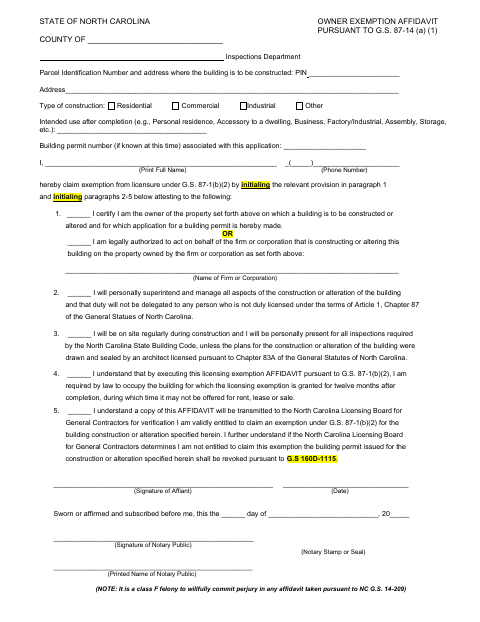 First page of the Owner Exemption Affidavit