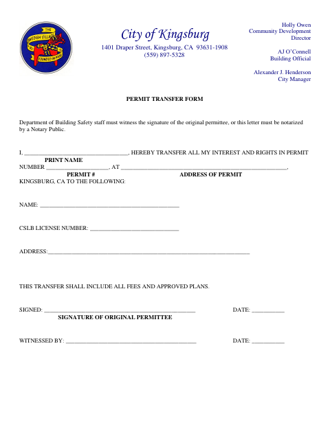 First page of the Permit Transfer Form