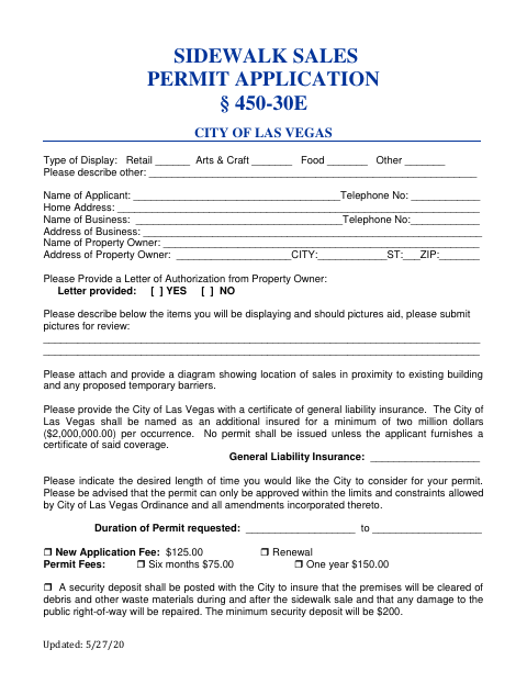 First page of the Sidewalk Sales Permit Application