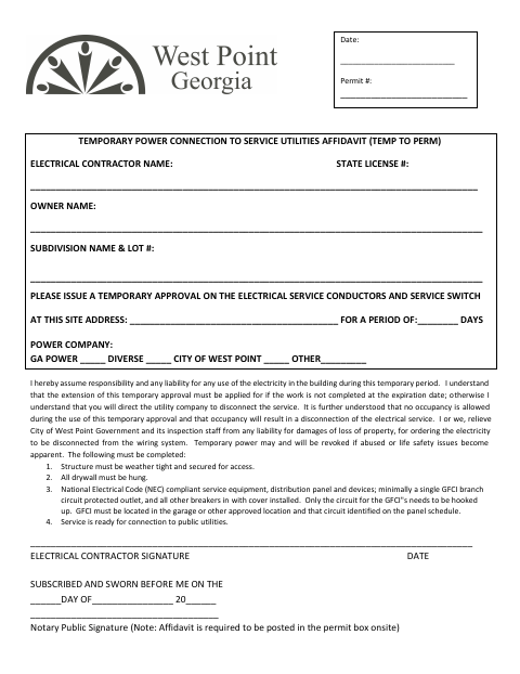 First page of the Temporary Power Connection to Service Utilities Affidavit