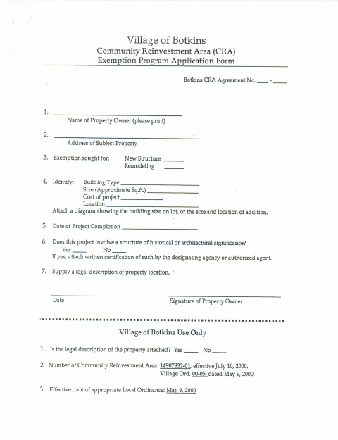 First page of the Community Reinvestment Area Exemption Application