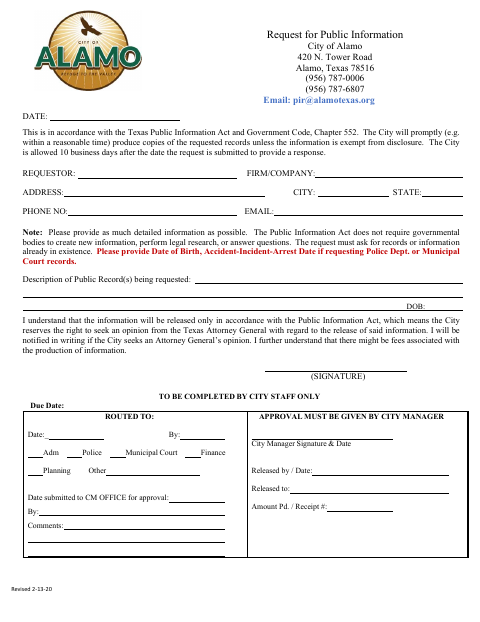 First page of the Request for Public Information
