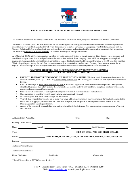 First page of the Brand New Backflow Prevention Assemblies Registration Form