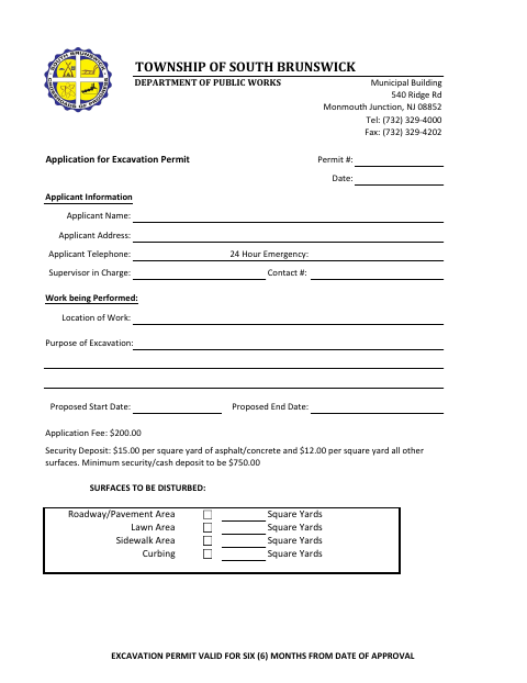 First page of the Application for Excavation Permit
