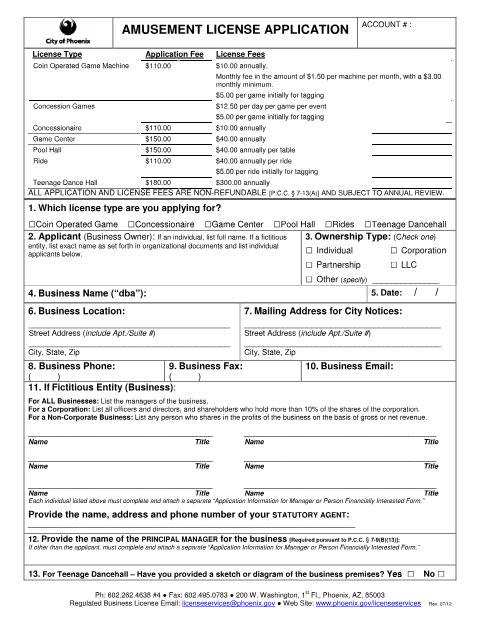 First page of the Amusement License Application