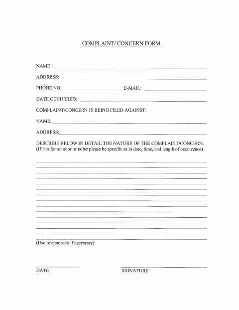 First page of the Complaint/Concern Form
