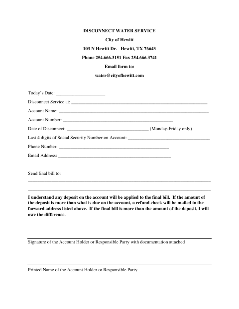 First page of the Disconnect Water Service