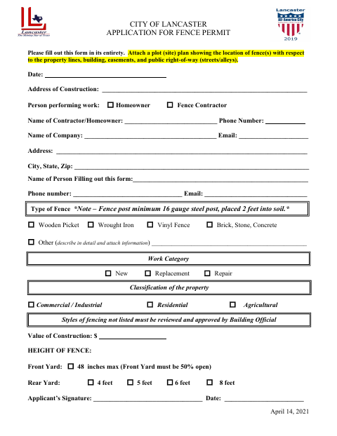 First page of the Fence Permit Application