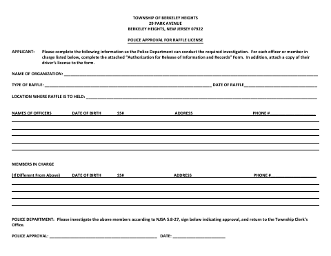 First page of the Police Approval For Raffle License