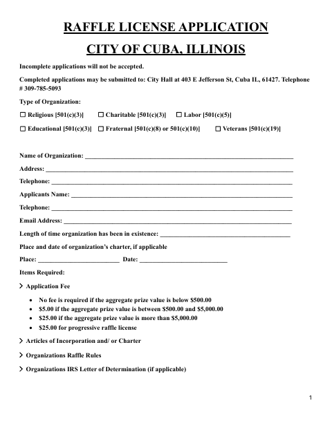 First page of the Raffle License Application