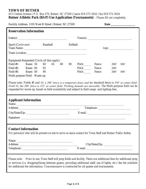 First page of the Athletic Park Use Application (Tournaments)
