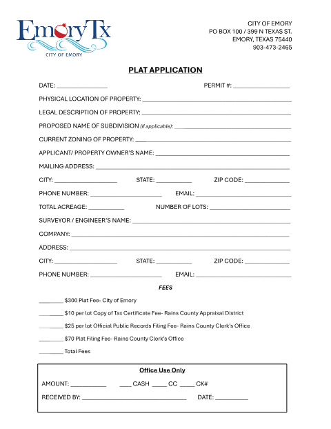 First page of the Plat Application
