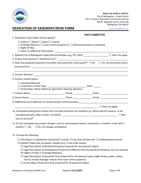 First page of the Dedication of Easement/ROW Form