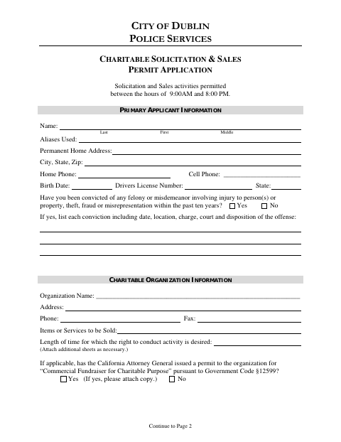 First page of the Charitable Solicitation & Sales Permit Application