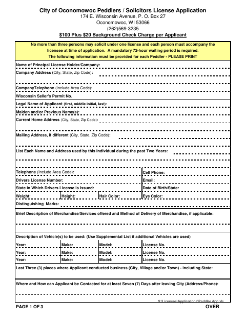 First page of the Peddlers And Solicitors License Application