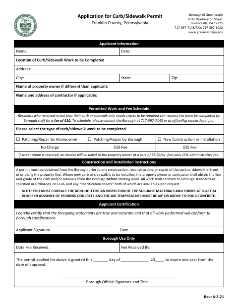 First page of the Application for Curb/Sidewalk Permit