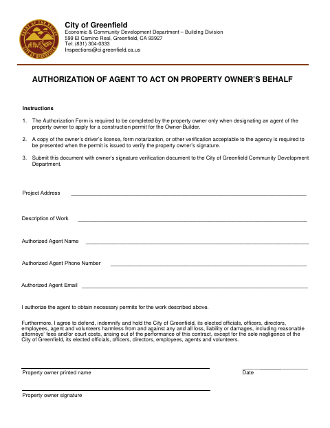 First page of the Authorization of Agent to Act on Property Owner’s Behalf