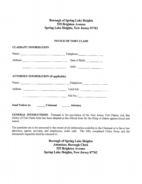 First page of the Tort Claim Form