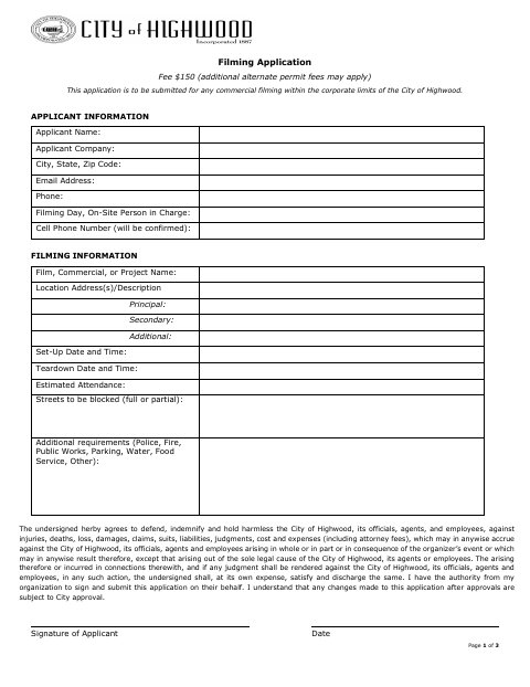 First page of the Filming Application