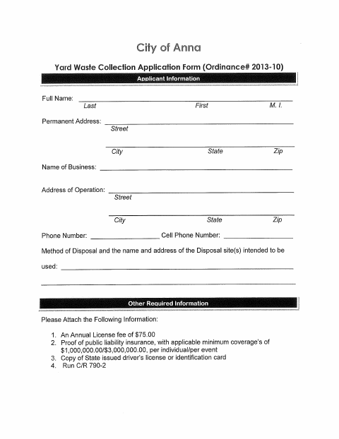 First page of the Yard Waste License Application Form