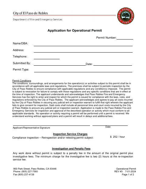 First page of the Operational Permit Application
