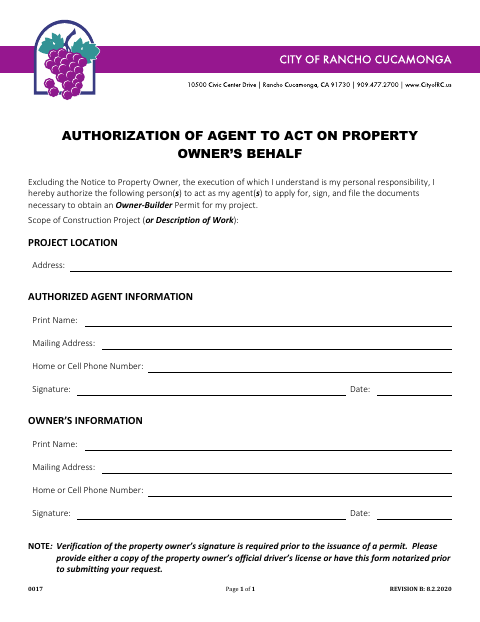 First page of the Authorization of Agent to Act on Property Owner’s Behalf