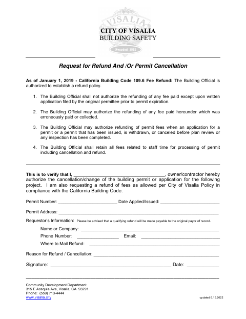 First page of the Request for Refund and/or Permit Cancellation