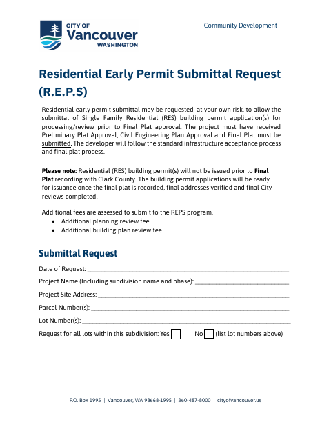 First page of the Residential Early Permit Submittal Request (R.E.P.S.)